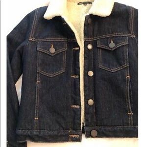 Maje navy denim and faux-shearling jacket